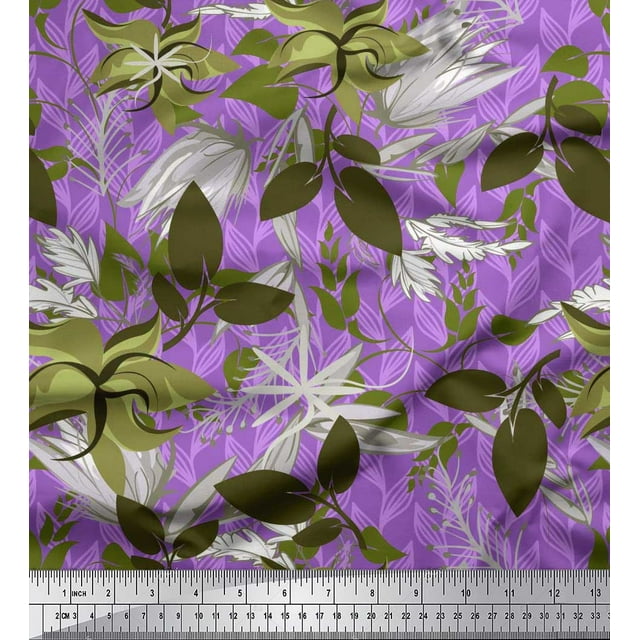 Soimoi Purple Poly Georgette Fabric Artistic Leaves Decor Fabric Printed Yard 52 Inch Wide