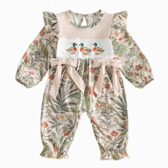 Xyant Newborn Baby Girl Hunting Outfit Camo Ruffle Long Sleeve Romper Jumpsuit Smocked Bubble One Piece Clothes Fall Winter (Beige,0-3 Months)