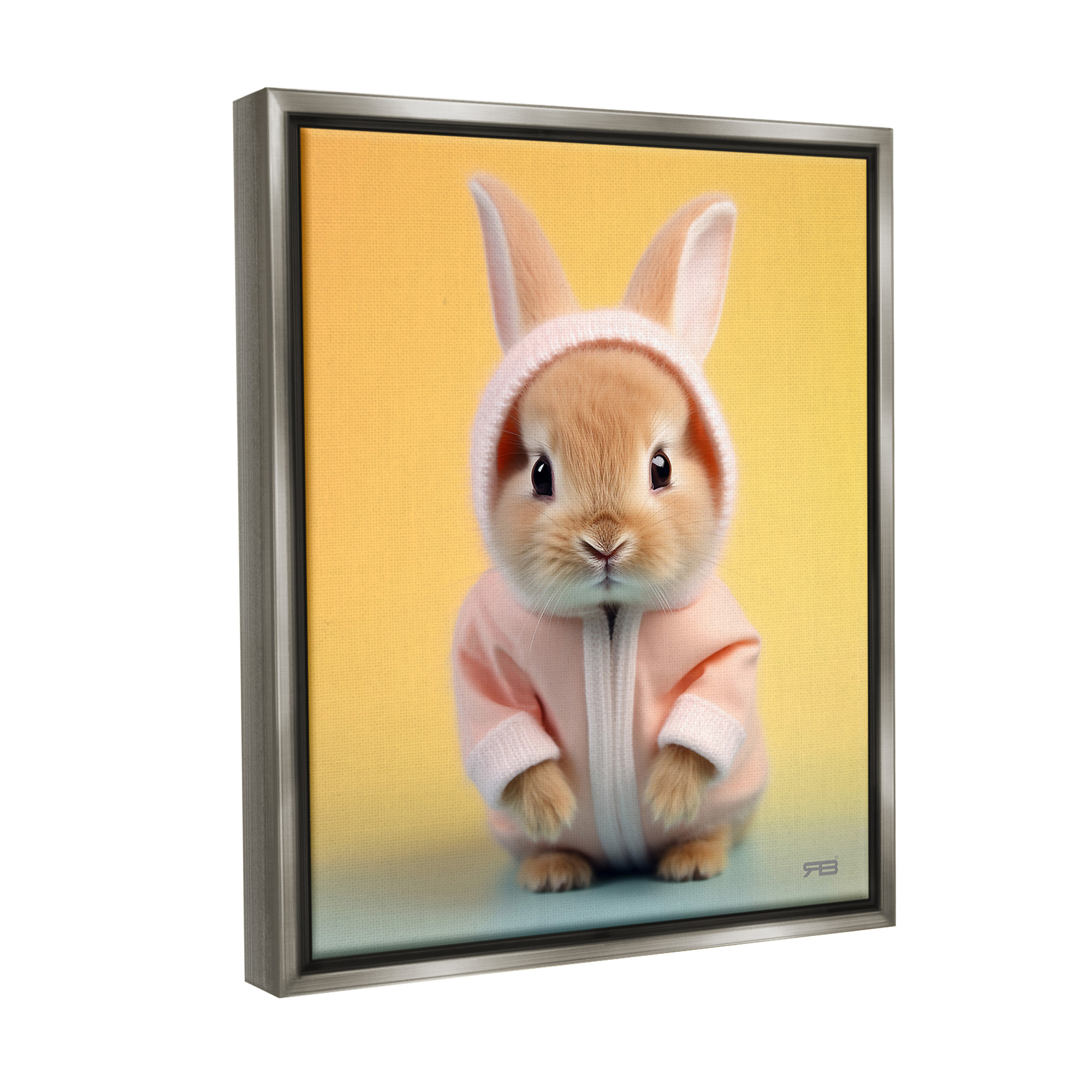 Stupell Industries Cozy Bunny on Yellow Animals & Insects Painting Gray Floater Framed Canvas Art Print Wall Art, 17 x 21