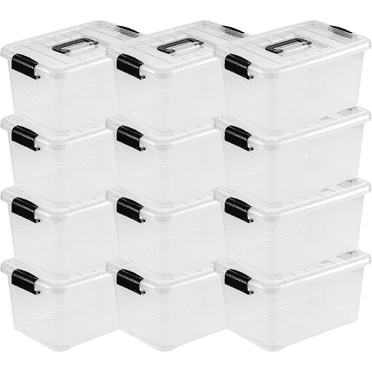 Plastic Storage Bin, Stackable and Nestable Storage Boxes with White Lids and Secure Latching Buckles, Large Storage Container (CLEAR, 12QT 12PACK)