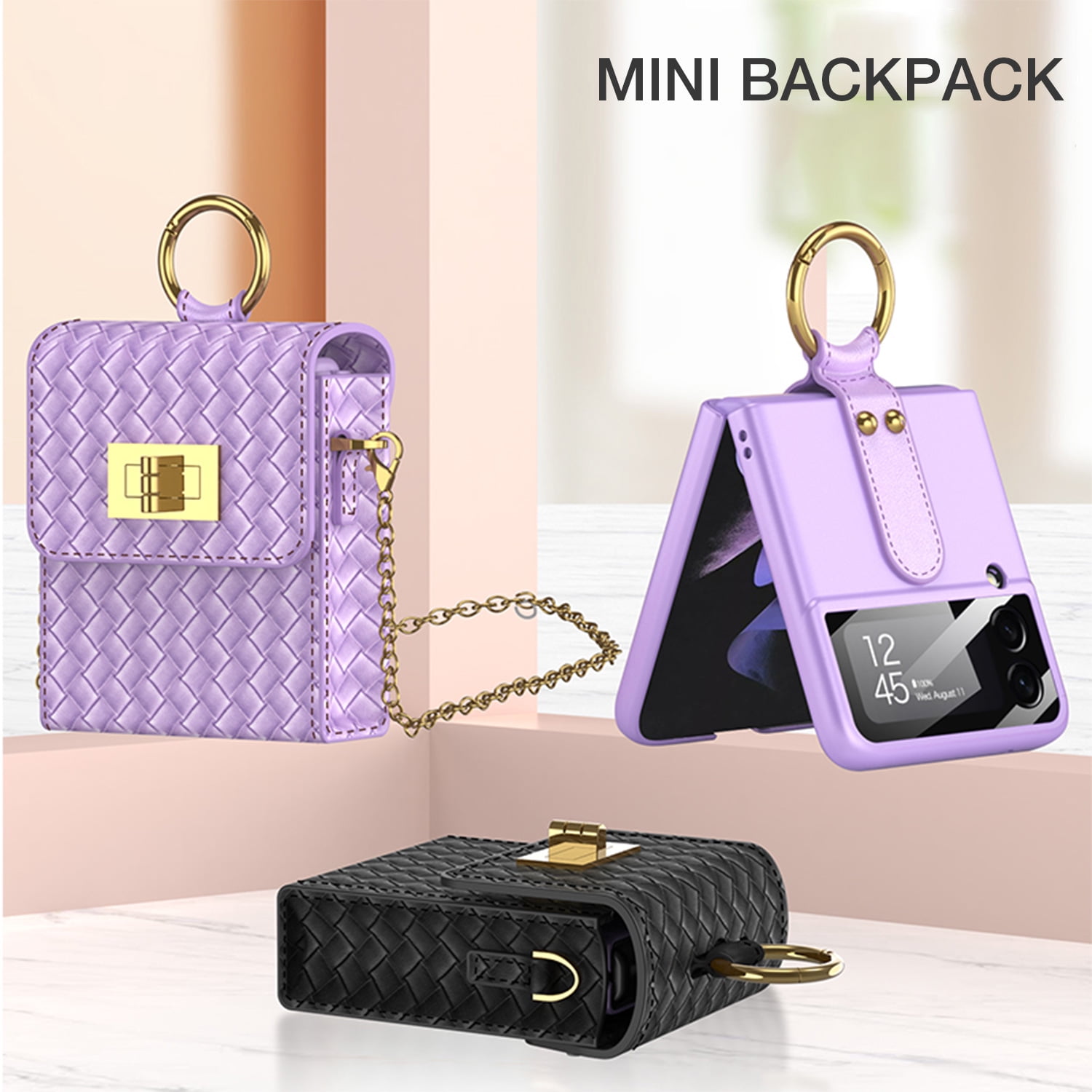 SaniMore for Samsung Galaxy Z Flip 4 Case with Strap Girls Women, Z Flip 4 Case Luxury PU Leather Case with Long Lanyard Fashion Crossbody Bag Wallet Case for Galaxy Z Flip 4/Z Flip 3/Z Flip, Black
