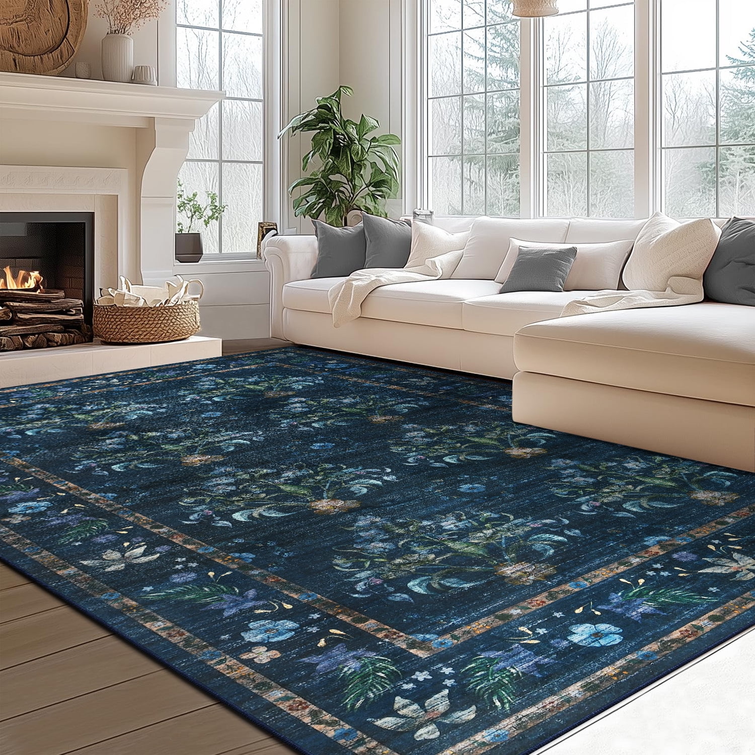 Wondo 5' x 8' Low Pile Area Rugs, Machine Washable Rug for Living Room, Bedroom, Kids' Room & High-Traffic Areas, Navy Blue
