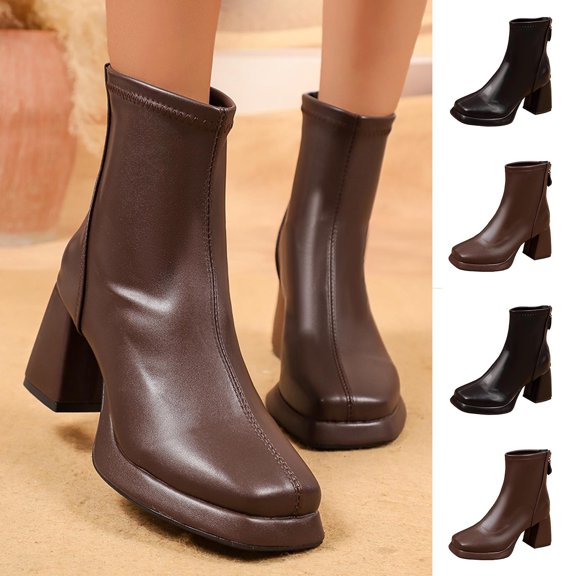 Women's Boots Mid Calf Chunky Heel Square Toe Womens Snow Boots Winter Comfortable Warm Booties for Commute Outdoor Walking