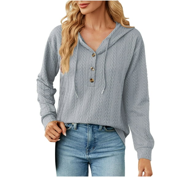 VERUGU Hoodies for Women Fashion Solid Button Loose Long Sleeve Tops Sweater Gray L
