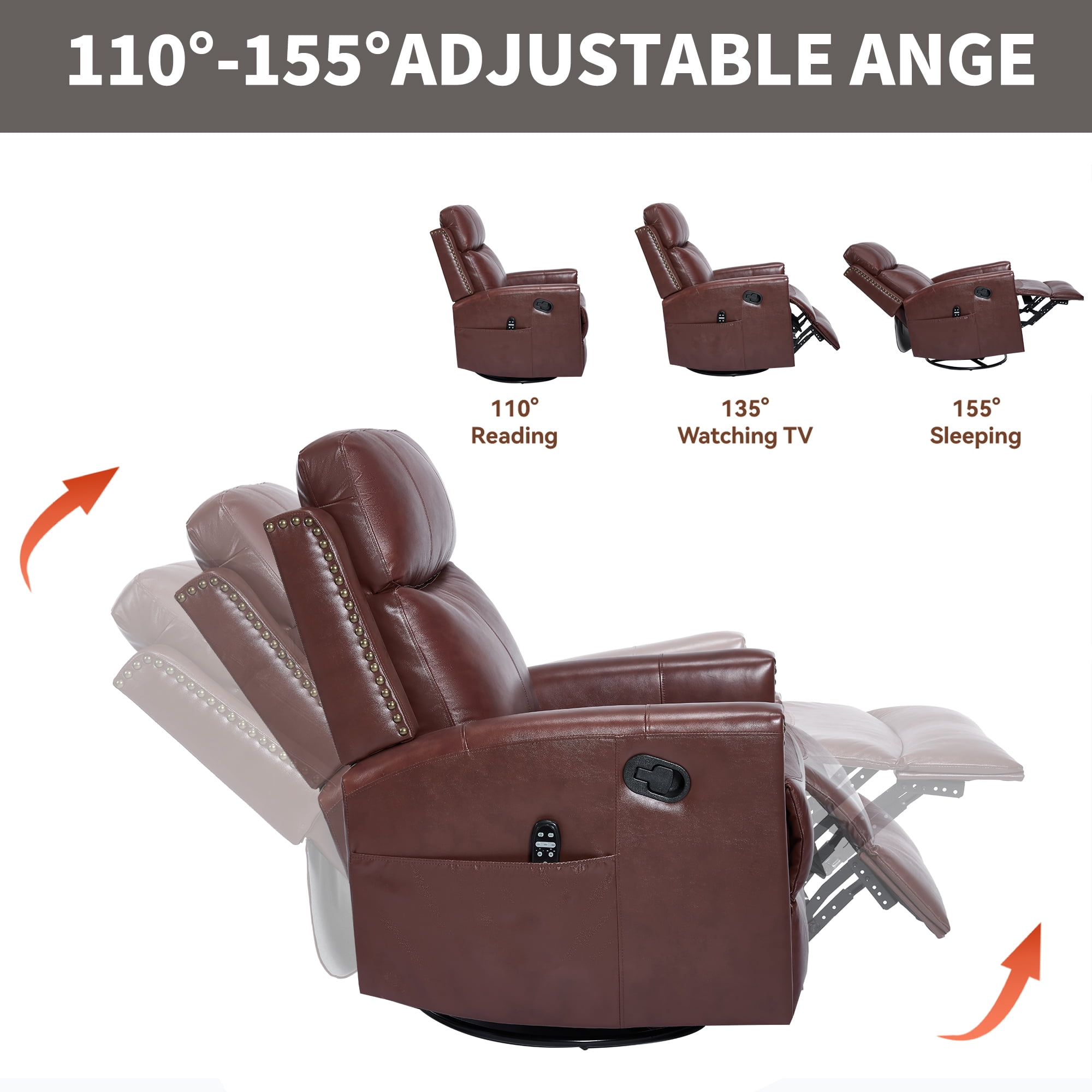 Leumius Swivel Rocker Recliner Chair with Vibration Massage and Lumbar Heating,Rivet Design Lounge Chair with Rocking Function and Side Pocket for Living Room,Deep Red