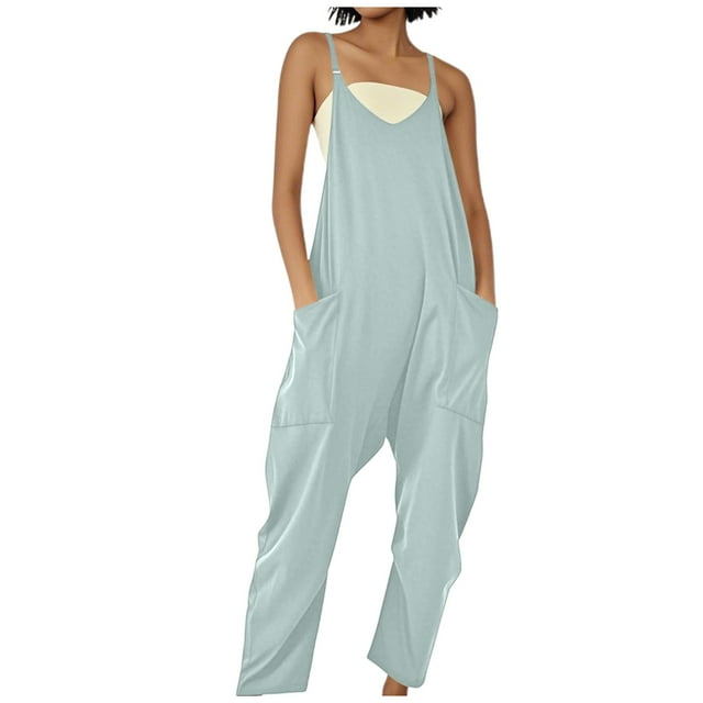 Women's Loose Overalls with Large Pockets - Strap Design, Casual Summer Jumpsuit, Polyester-Spandex