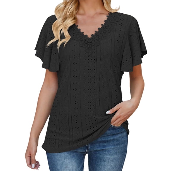 Fgnfyis Women'S T-Shirts Lace Collar Flutter Sleeve Casual Blouse Loose Fit Summer Basic Tee Top Womens Short Sleeve Tops Black S