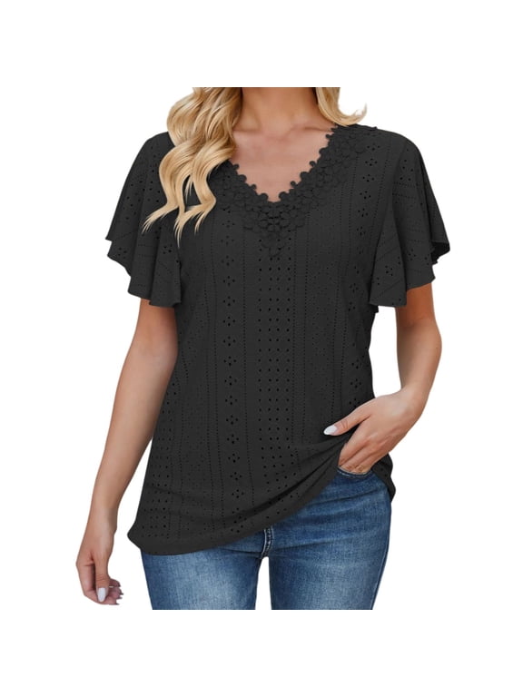 Women Flutter Sleeve T Shirt Lace V Neck Tees Loose Fit Summer Basic Solid Color Casual Blouse Daily Tops L