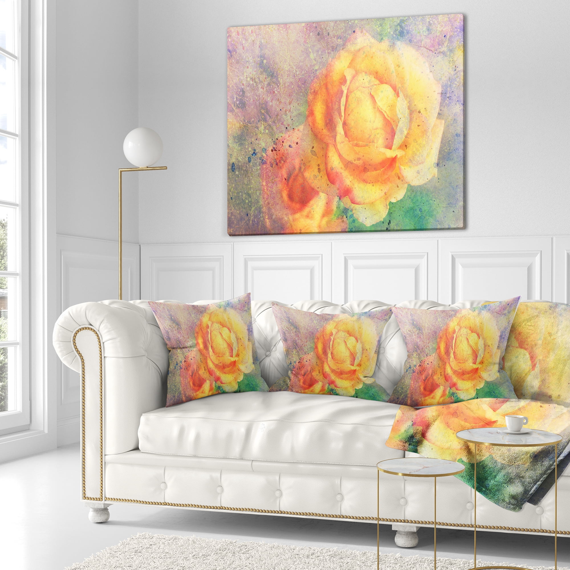 Designart Yellow Rose Watercolor - Floral Throw Pillow - 18x18