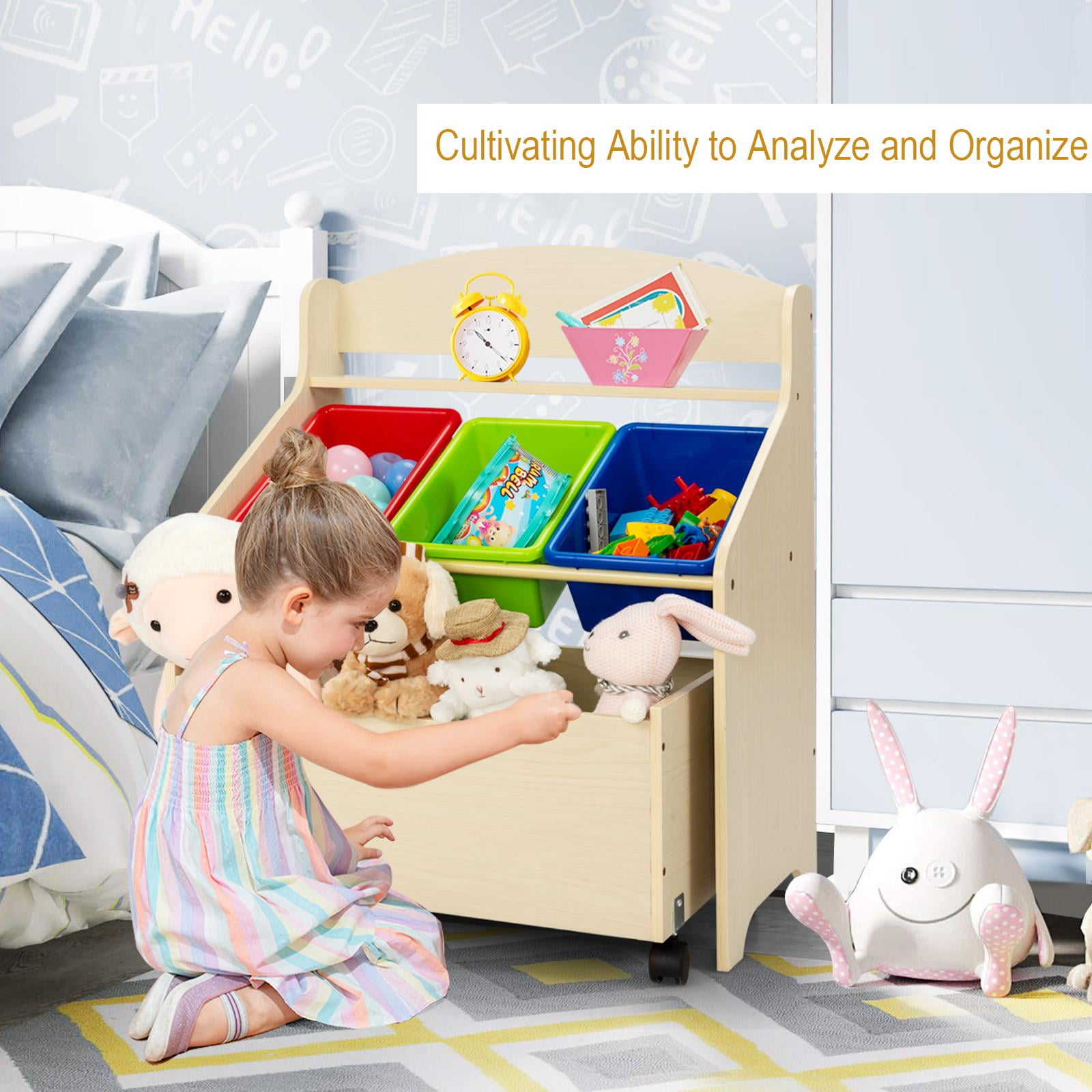 Giantex Wooden Kids Toy Storage Organizer, Toddler Furniture Storage Unit w/Wheels for Child's Bedroom Playroom, Natural