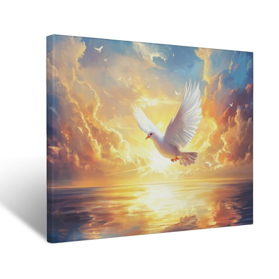 CozyNet Glowing Dove Soaring Above A Calm Lake, Surrounded By Radiant Divine Clouds And Peace Wall Art Prints With Frame Canvas Perfect for Living Room & Bedroom, Ready to Hang, Wall Decor 12"x16"