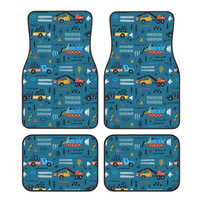Kdxio Construction Trucks Print Car Floor Mats Universal SUV Front Rear Floor Foot Mats 4-Piece Full Set with Non-Slip Rubber Backing Car Accessories for Most Cars