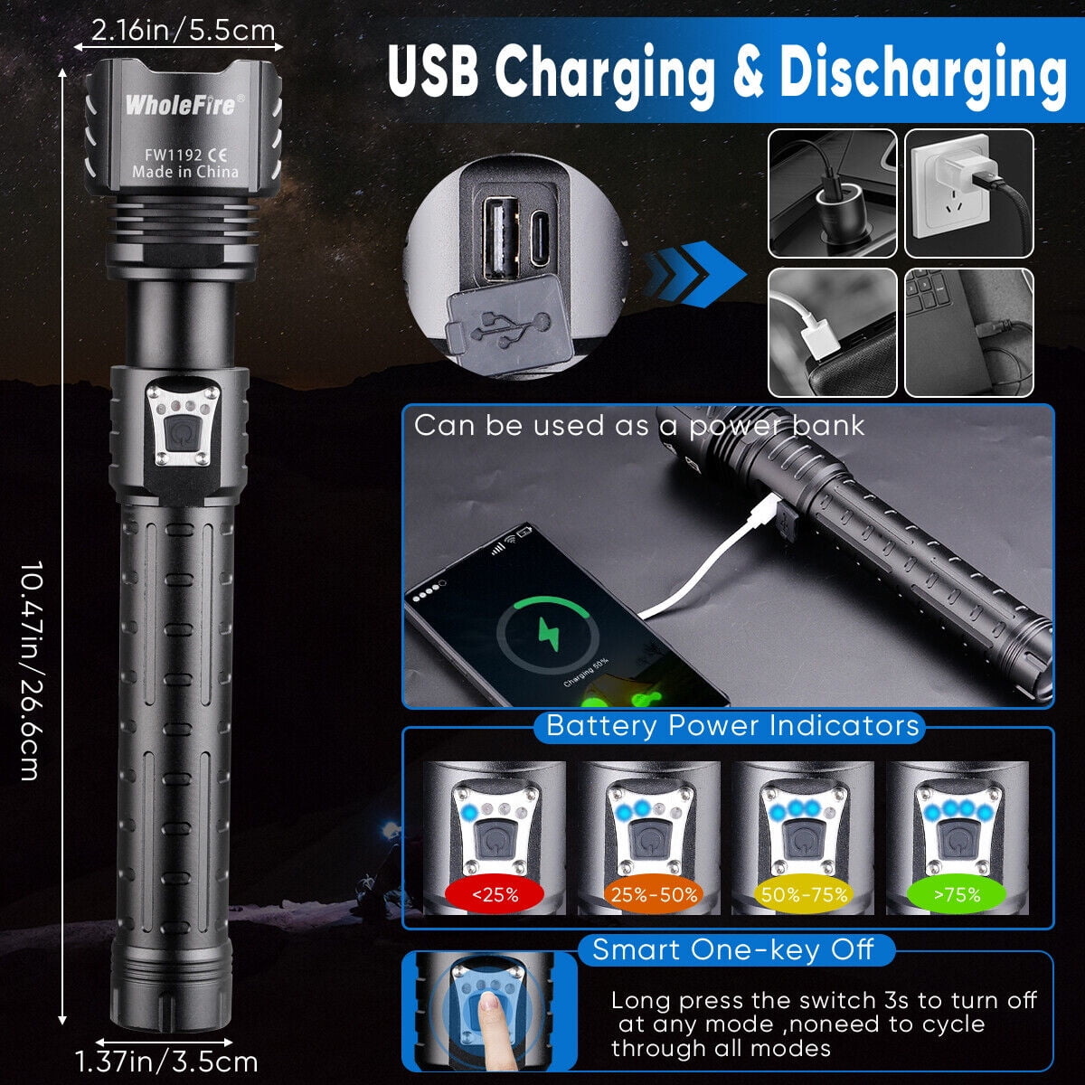 XHP90.2 Powerful LED Flashlight with 5 Modes Adujustable Focus Waterproof Rechargeable Flaslights for Outdoor Camping