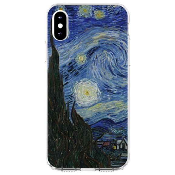 DistinctInk Clear Shockproof Hybrid Case for iPhone X / XS (5.8" Screen) - TPU Bumper, Acrylic Back, Tempered Glass Screen Protector - Van Gogh Starry Night - Classic Art