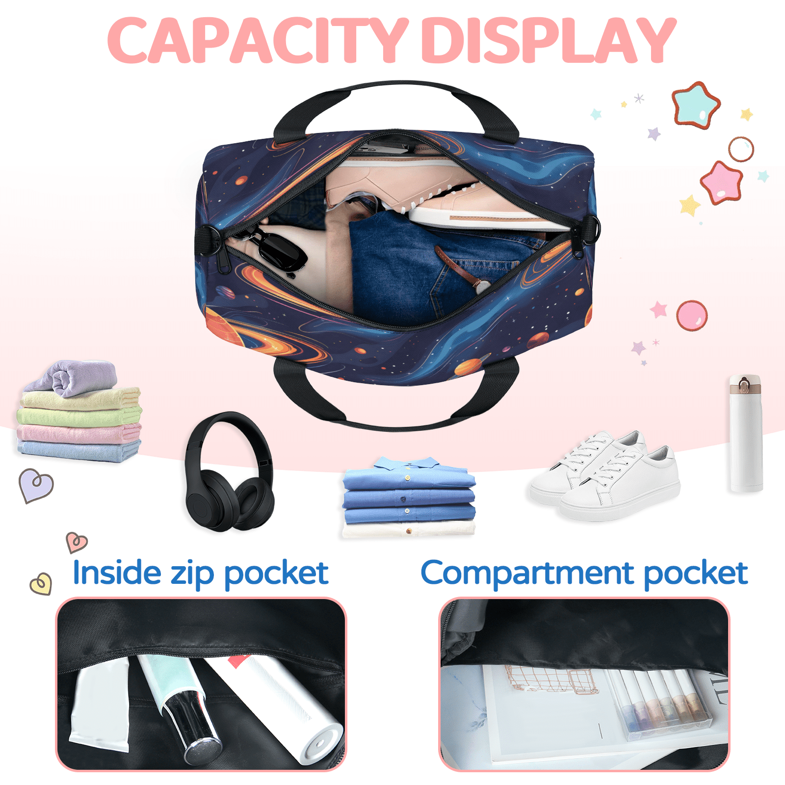 Herdesigns Planet Outer Space Colorful Galaxy Gym Bag for Women, Duffle Bag for Travel Sport, Lightweight Waterproof Carry on Weekender Overnight Dance Yoga Workout Bags