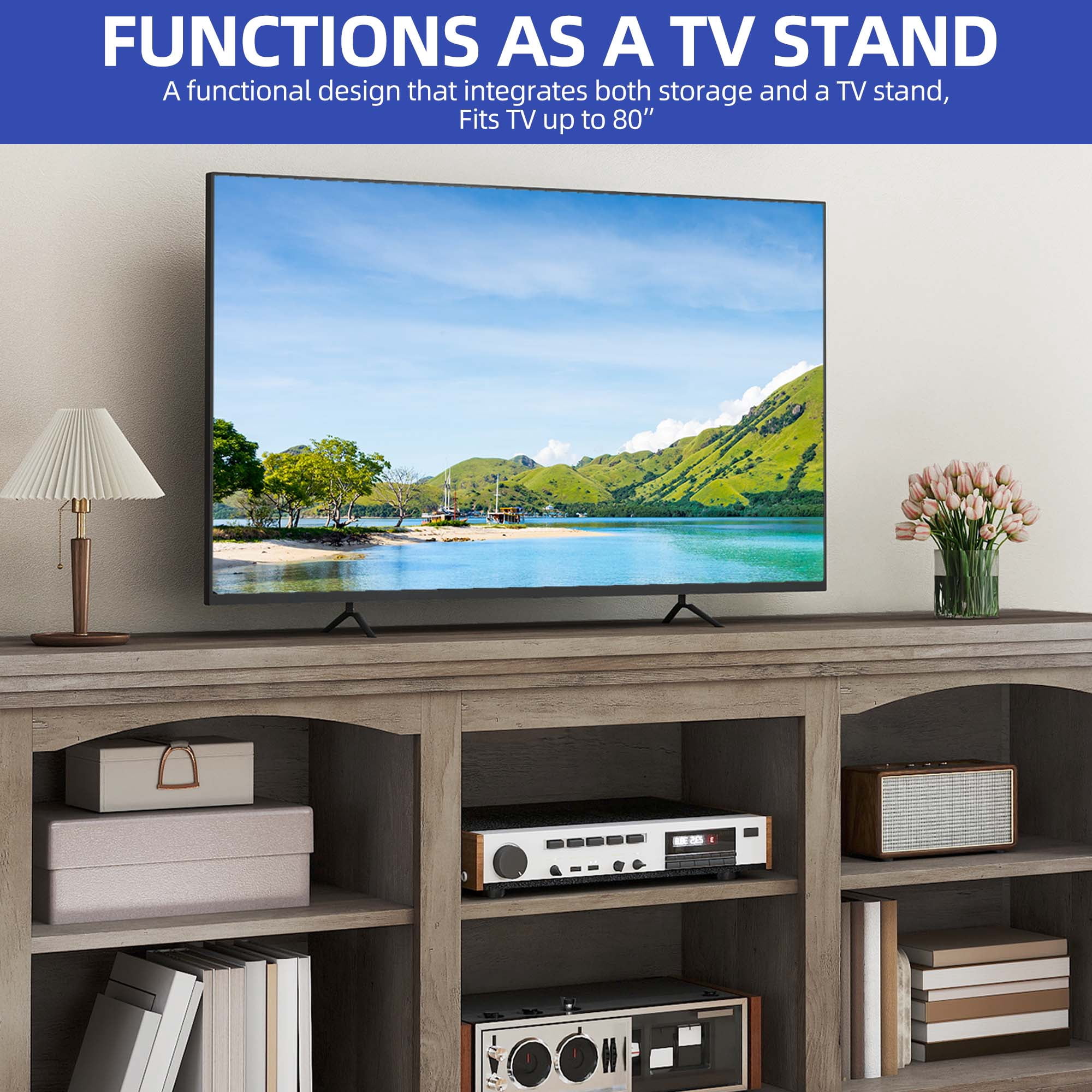 ModFusion 70” Washed Ash TV Cabinet, 6-Compartment Entertainment Center with Faux Thick Top, P2 Particleboard & Density Board Media Console, Rustic Storage Stand