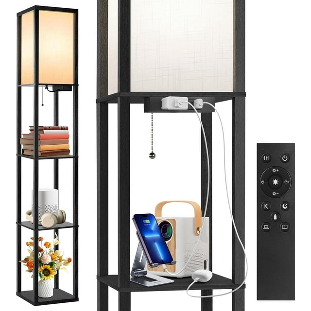 Floor Lamp with Shelves LED Modern Shelf Floor Lamp with USB Ports Power Outlet Color Temperature Storage Display Wood Column Standing Tall Lamp for Living Room Bedroom Off