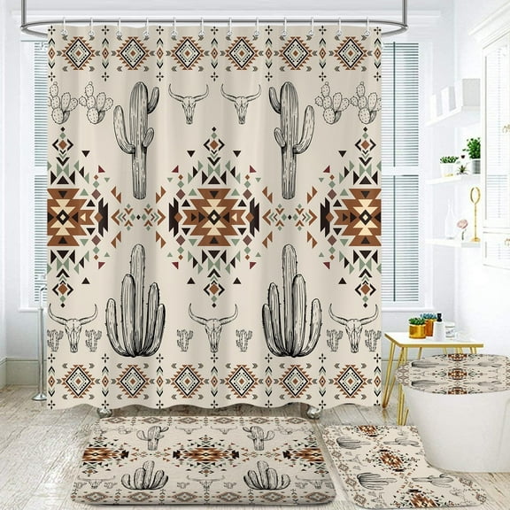 4Pcs Western Shower Curtain Sets，Aztec Abstract Geometric Southwest Cactu Bathroom Decor with Non-Slip Rug Toilet Lid Cover and Bath Mat，Waterproof Bathroom Accessory Set 12 Hook，72x72 Inc