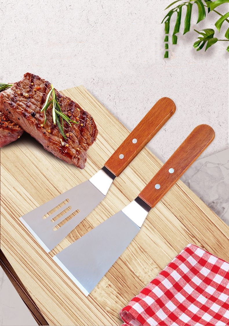 Wooden handle stainless steel small frying spatula leaking spatula
