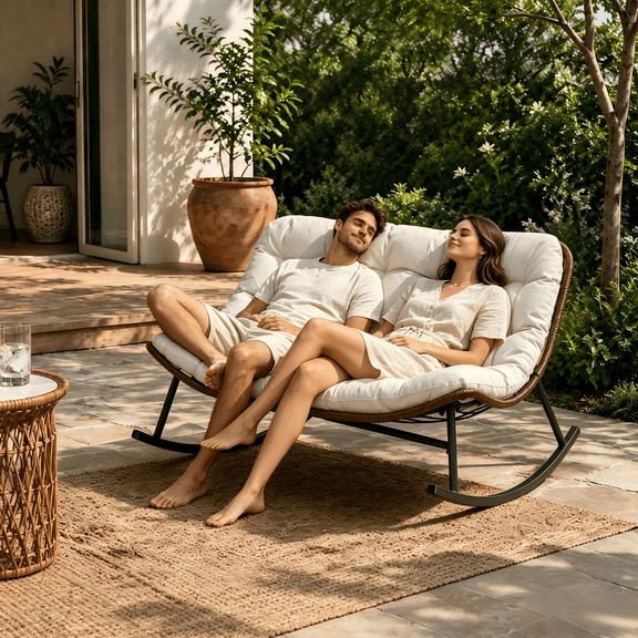 Oversized Double Rocking Papasan Chair, Indoor Outdoor 2-Person Egg Lounge Chair with Thick Cushion, Patio Lounge Chair for Balcony, Porch