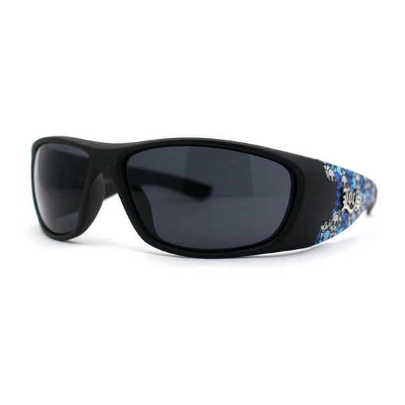 Locs Wrap Around Rectangle Thick Arm Gangster Skull Print Sunglasses Blue