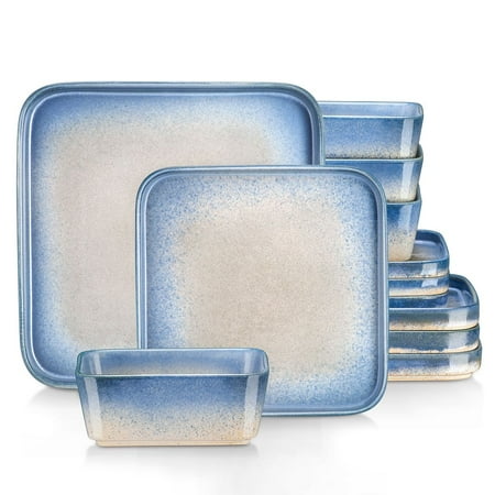 

vancasso Dinnerware Sets Stoneware Dinner Set for 4 12-Piece Square Blue Series NEBULA