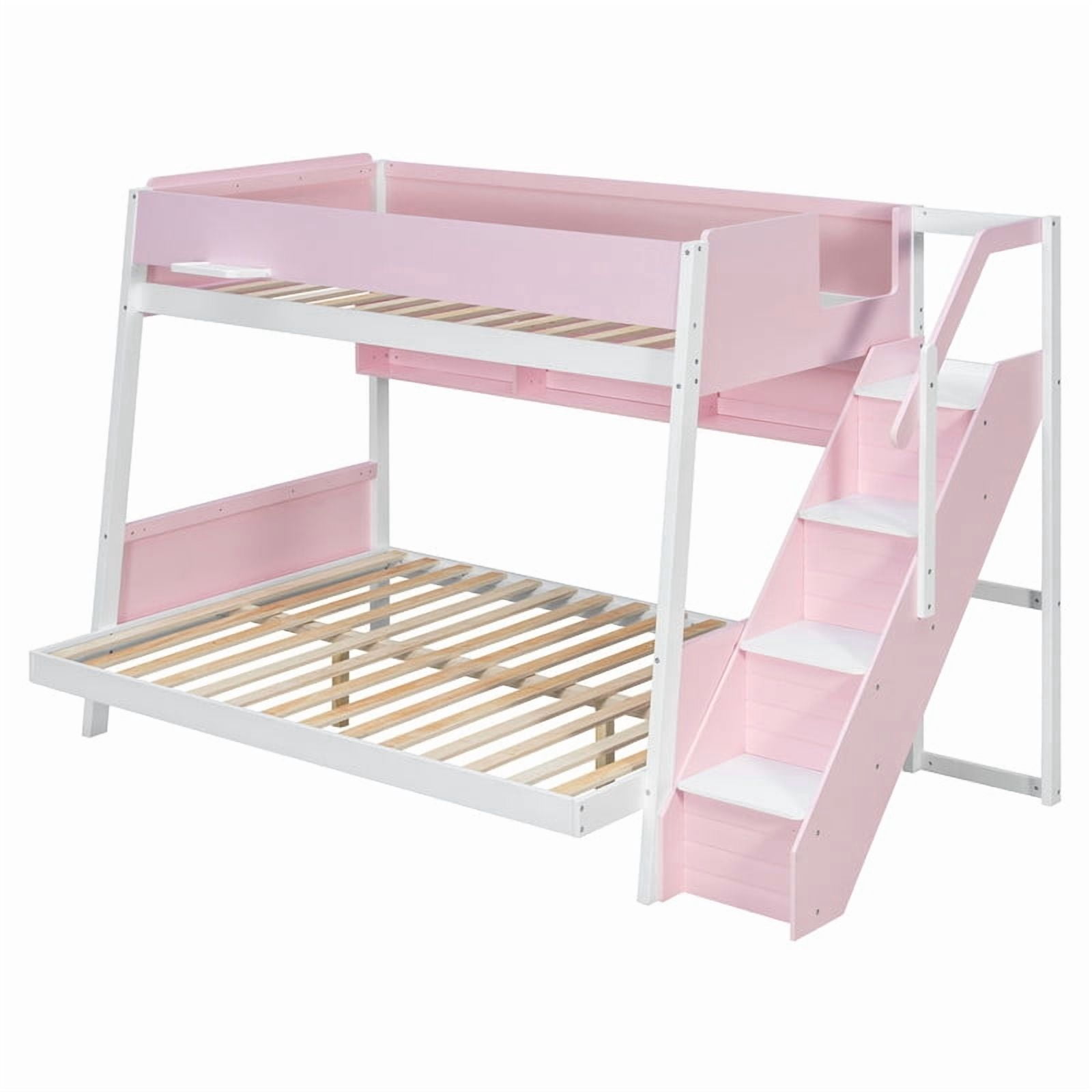 Twin over Full Bunk Bed with Striped-Design Staircase, Kids Teens Wooden Storage Bed Frame with Side Shelves