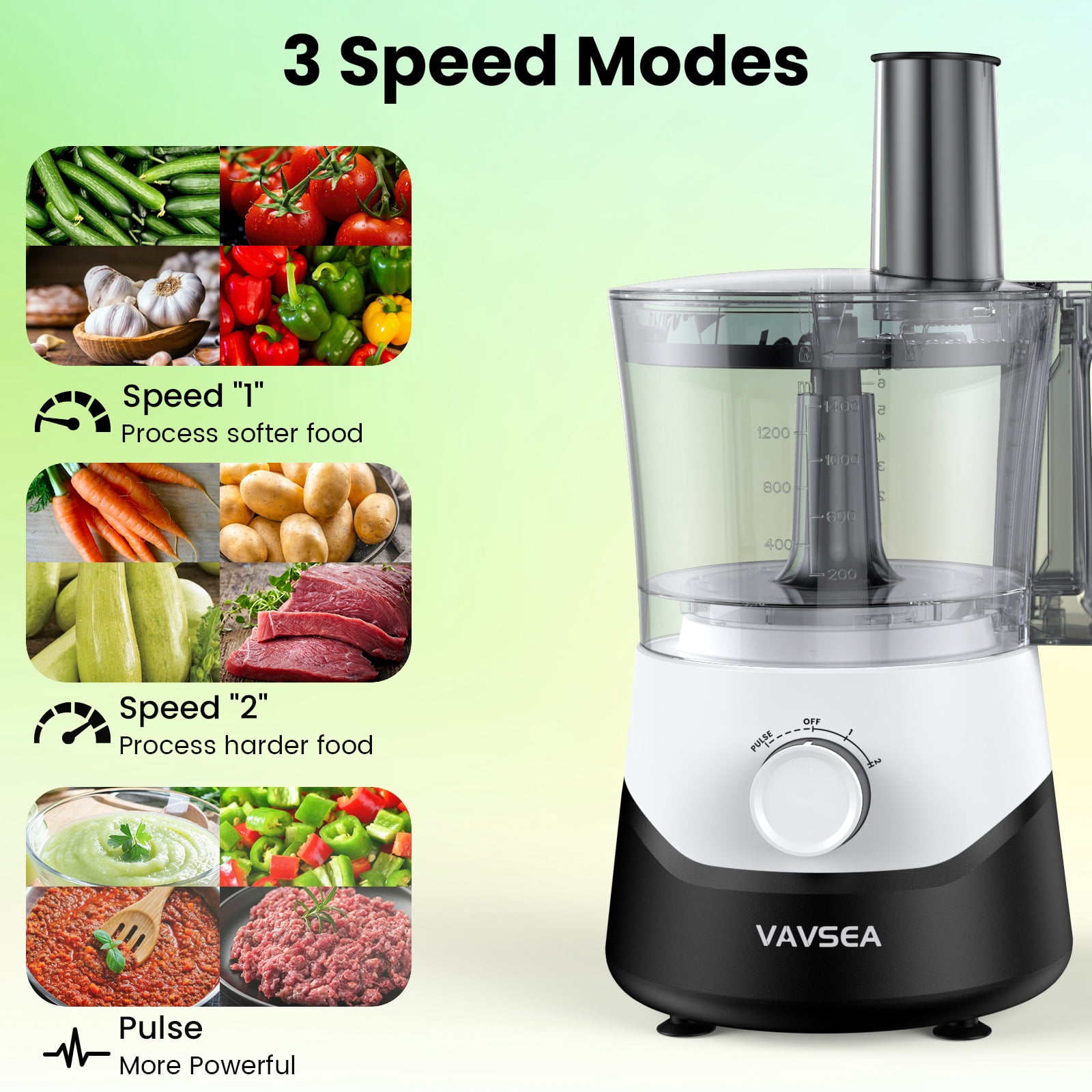 VAVSEA Food Processor and Vegetable Chopper, 500W Electric Food Chopper, 6 Functions for Slicing, Shredding, Chopping, Pureeing, Dough, Emulsifying, 12 Cup