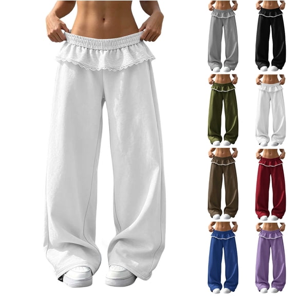 Womens Wide Leg Sweatpants Fashion Solid Color Loose Elastic Waist Lace Pocketed High Waist Straight Leg Long Pants