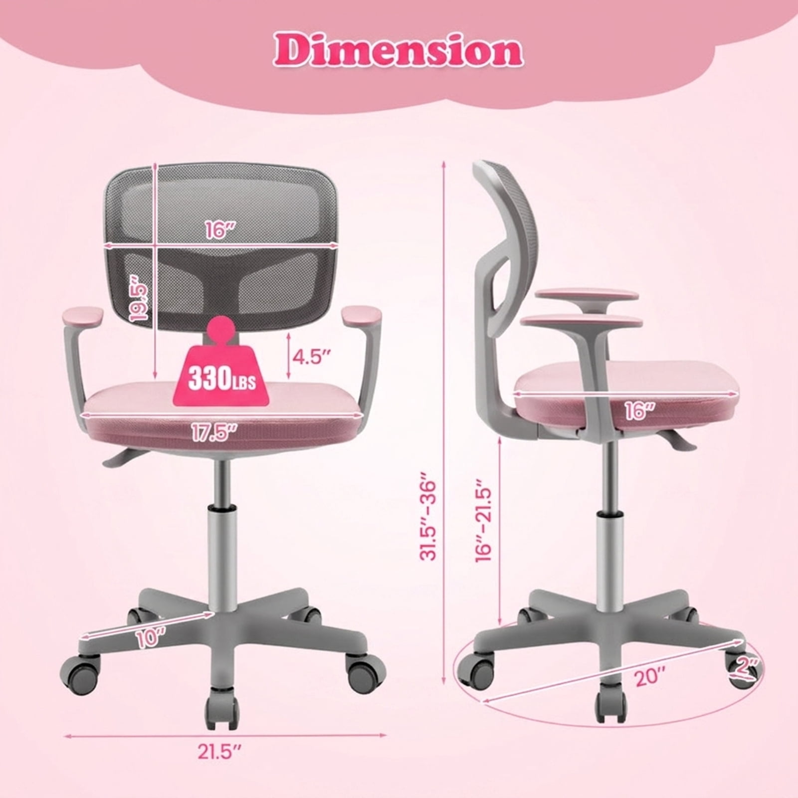 Furnibear Kids Chair Adjustable Desk Chair with Auto Brake Casters for Kids, Pink