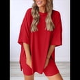 thumbnail image 4 of Traje Casual de Dos Piezas para Mujer, Camisa Holgada de Verano, Pantalones Cortos de Ciclismo, Ropa de Viaje para el Aeropuerto. Rojo L, 4 of 8
