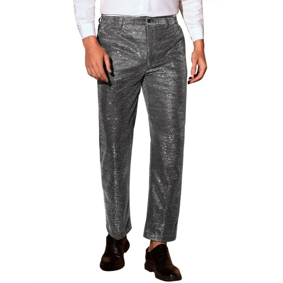 INSPIRE CHIC Glitter Pants for Men's 70s Disco Metallic Trousers Straight Leg Party Sequin Pants 30 Silver