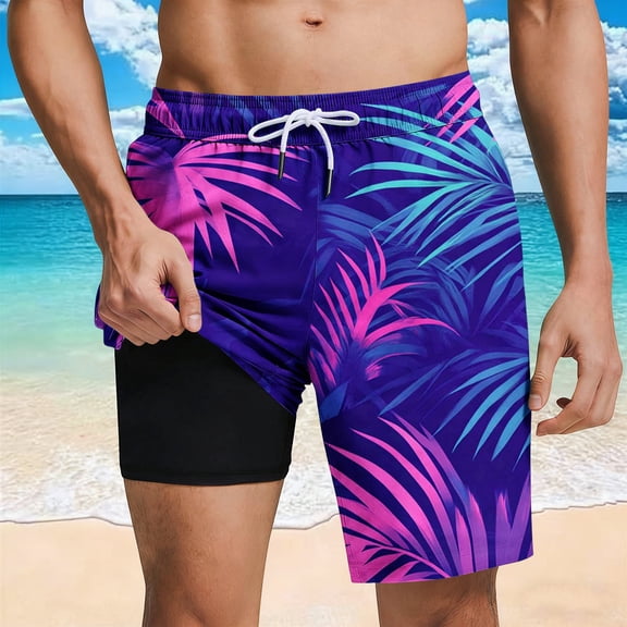 Mifsaly Mens Swim Shorts with Compression Liner Tropical Floral Graphic Quick-Dry Board Shorts Summer Beach Pool Swimwear L