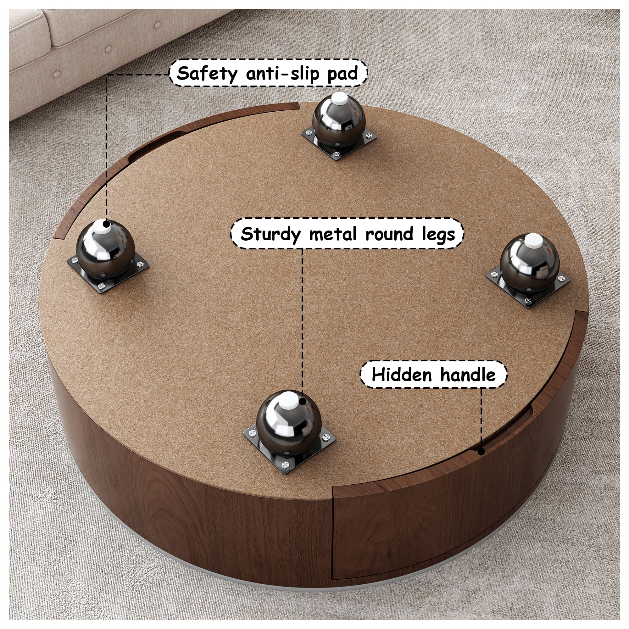 MDQMD 35" Round Faux Marble Coffee Table with 2 Silent-Close Drawers & Stainless Steel Legs - Modern Walnut Storage Center Table for Living Room, White Luxury Sturdy Design