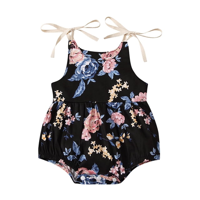 Body De Bebé Canastilla Onesies Para Niños Pequeños Verano Niñas Flores Correas Mono Sin Mangas Ropa Casual Negro Odeerbi LM103-4191