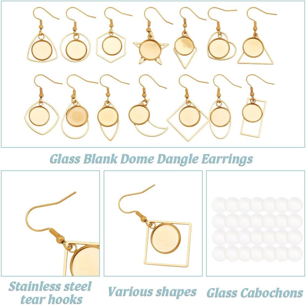 56 Pcs Stainless Steel Blank Cabochon Earrings Include 28 Pcs Glass Cabochons Star Round Moons Teardrop Shape Earring Kit Heart Bezel Trays Dangle Earring for DIY Jewelry Making Golden Gold DIY