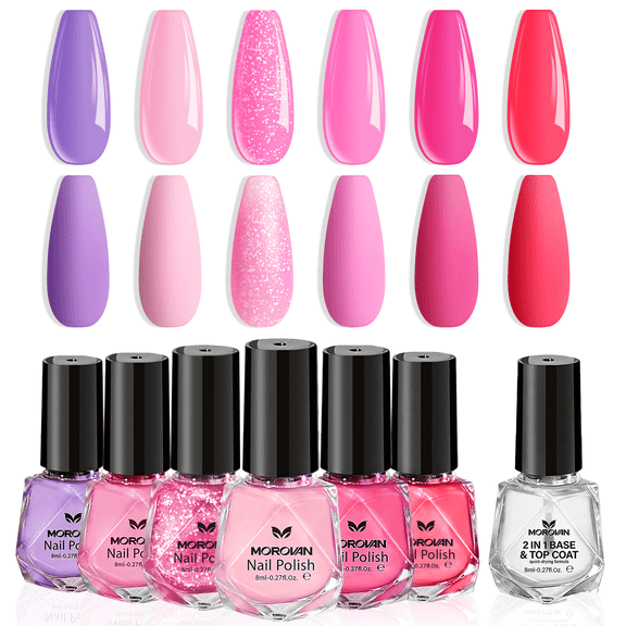 Morovan 7Pcs Pink Nail Polish Set with 2 IN 1 Base and Top Coat,Quick Dry Nail Polish Kit Salon Long Lasting DIY Nails Art Fingernail Polish Gifts for Women