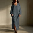 thumbnail image 4 of Guieoi Shift Dresses for Women 2026 Fall Long-Sleeve V-neck Cotton-Linen Split-Hem Dress Gray XXL, 4 of 7