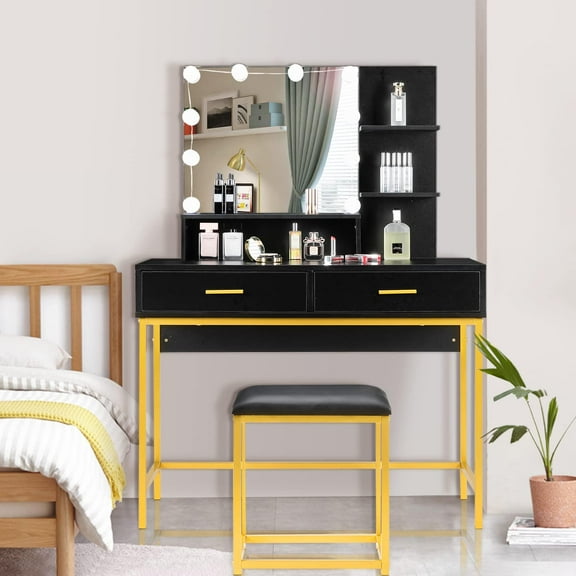 BaytoCare Vanity Set Makeup Vanity Table Set with Lighted Mirror & Stool, Modern Dressing Table with 10 LED Lighting Bulbs, 2 Large Drawers and Storage Shelf for Women & Girls,Black & Gold