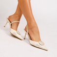 thumbnail image 6 of [On feet & in love] Women's Satin Pointed Toe Slingback Heels - Elastic Strap Stiletto Pumps with Fabric-Covered Circular Ring Detail,Apricot,7.5, 6 of 7