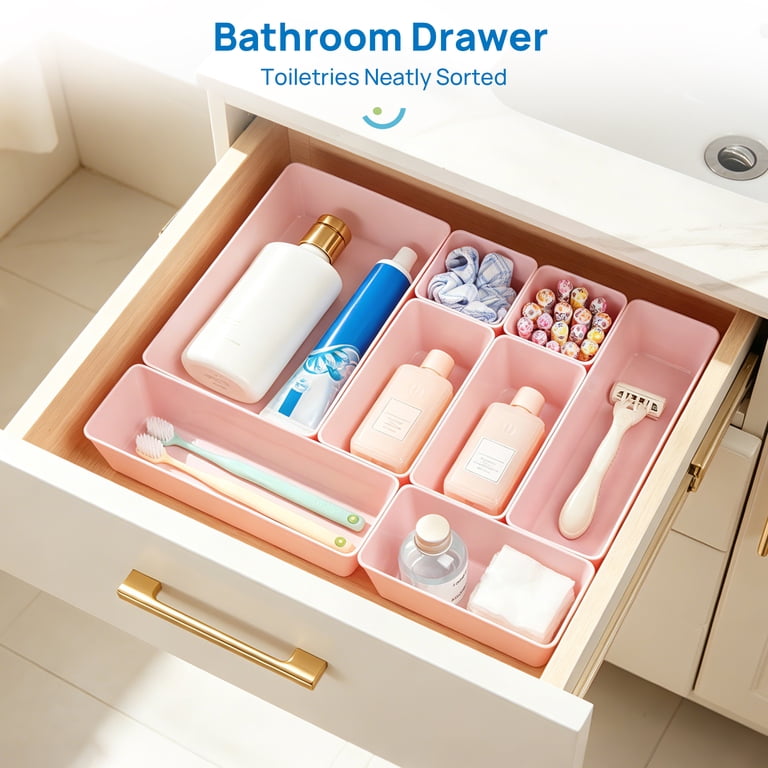 Sindcom 26 PCS Drawer OrganizersPink Plastic Stackable Organizer Bins and Vanity Organizer