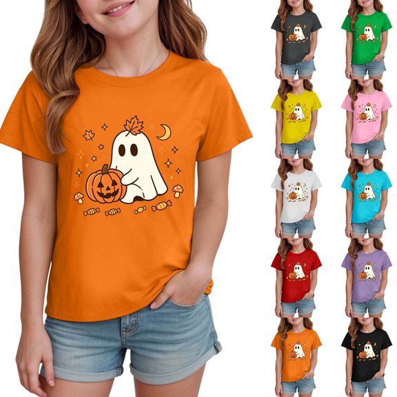 Girls Short Sleeve Halloween Shirts Cute Pumpkin Printed Soft Cotton Lightweight Pullover T- Shirts Black 2-3 Years