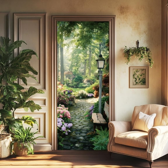 2 Sheets Self-Adhesive Door Sticker 80cmx200cm/31.5x78.7inch Colorful Garden Path Flower Door Murals Stickers PVC Removable Wallpaper Decoration