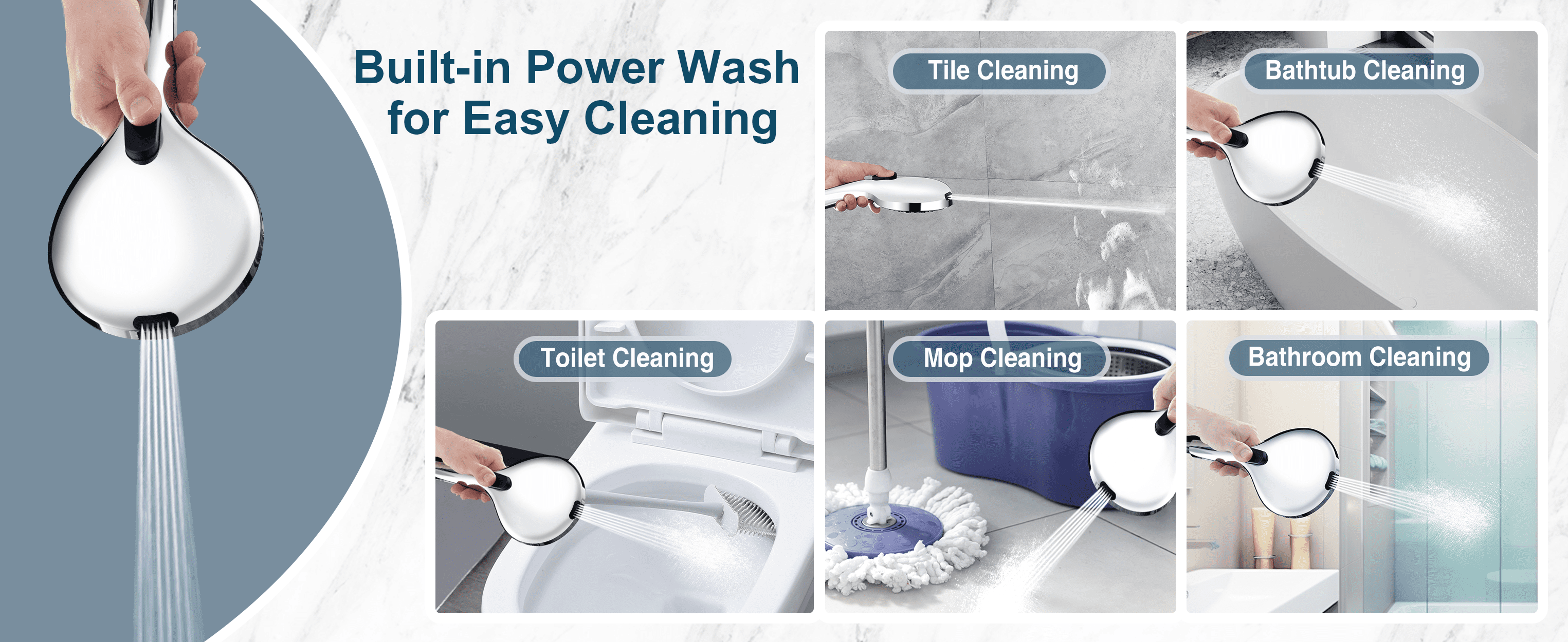 BRIGHT SHOWERS Rain Shower Head with Handheld Spray Built-in Power Wash, High Pressure Dual Shower Head with Height Adjustable Extension Arm, 3-Way Diverter, 9 Settings Handheld, 69" Hose, Chrome