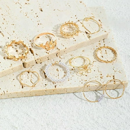 GKNET Bohemian Wave Flower Rings Set For Women Vintage Geometric Pearl Butter_tu