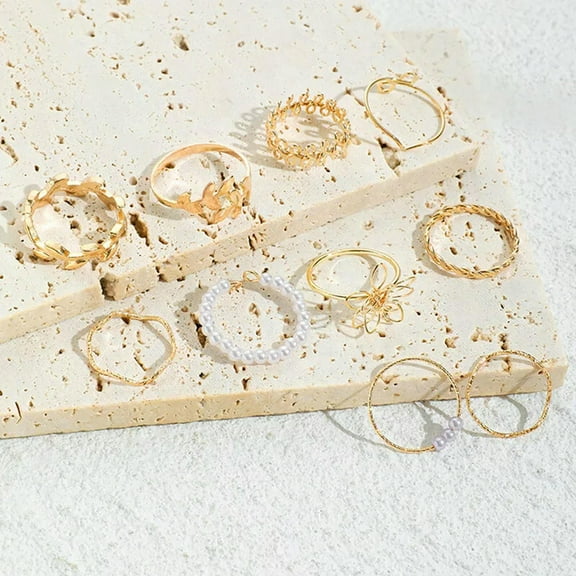 GKNET Bohemian Wave Flower Rings Set For Women Vintage Geometric Pearl Butter_tu