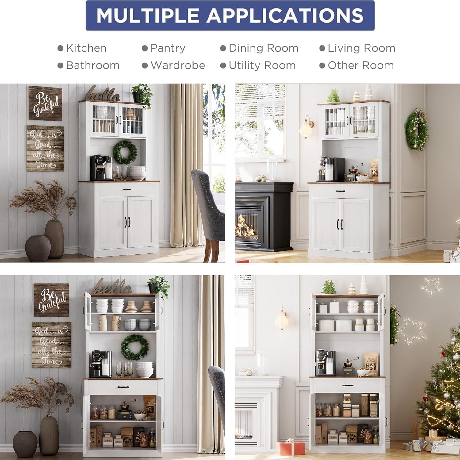 Huisuilinss Kitchen Pantry,71" Tall Pantry Storage Cabinet With Microwave Stand,Kitchen Hutch Cupboard,Freestanding Sideboard Buffet With Drawer,Shelves And Glass Doors,Coffee Bar For Home Dining Room