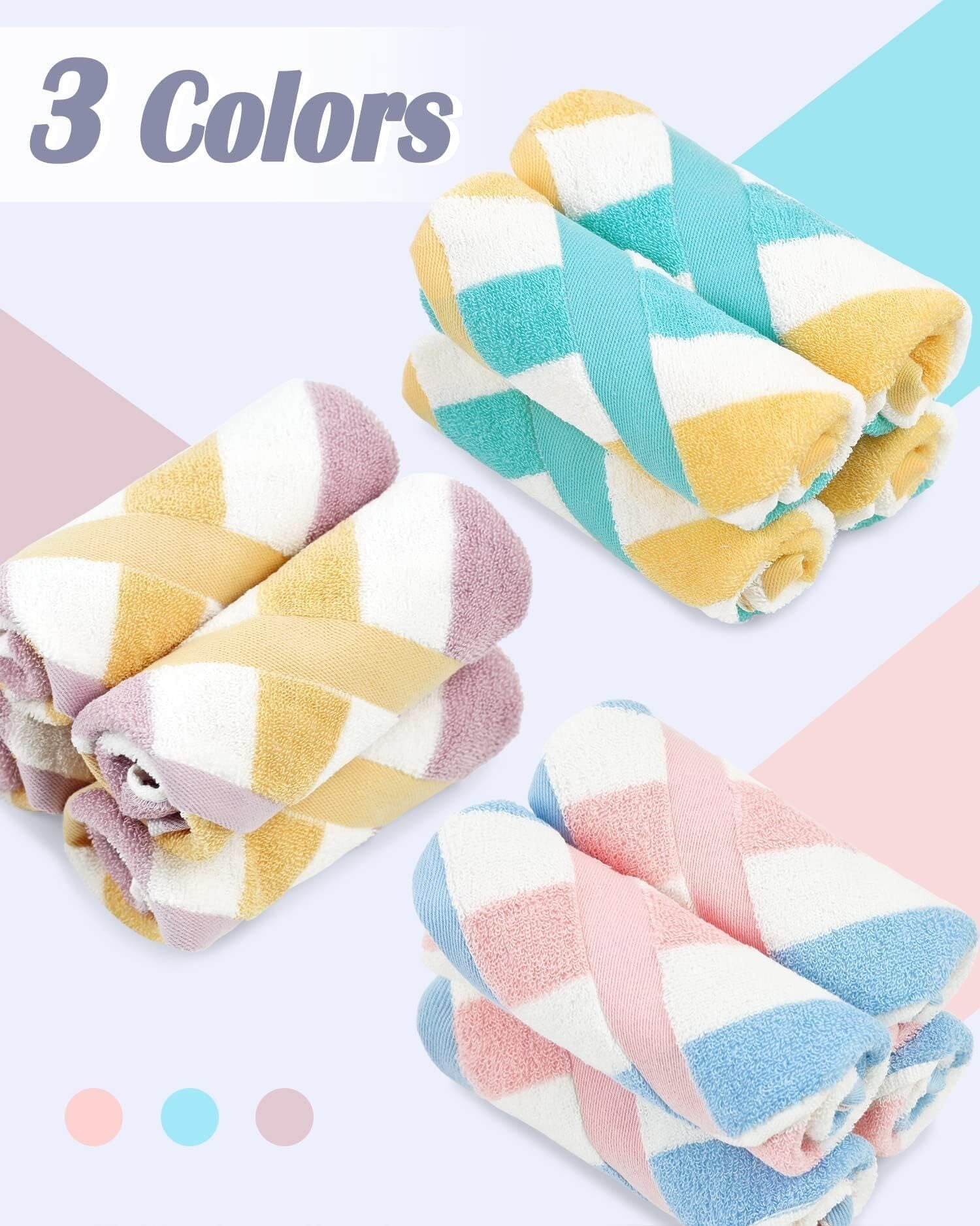 Cotton 12 Pack Striped Washcloths, 13 x 13 Inches, 3 Colors - Face and Body Cleansing Towels