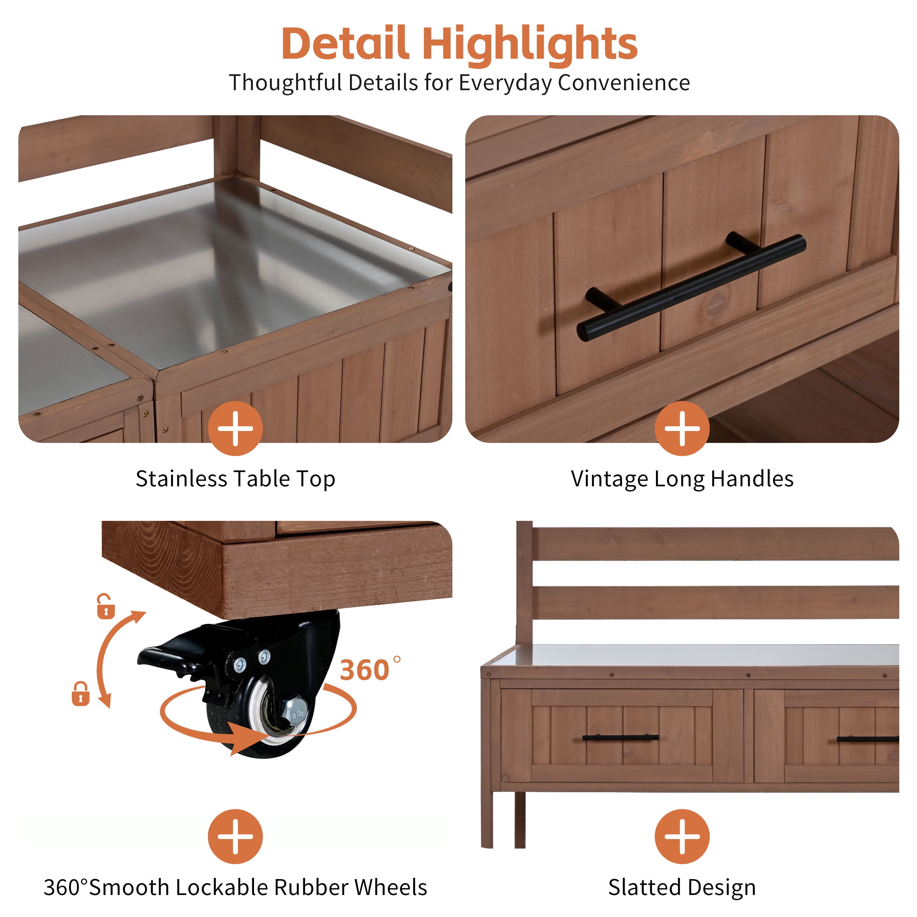 BBQ Dining Kitchen Island, 62.3 Inch Solid Wood Outdoor Cart with Stainless Top for Party, Brown