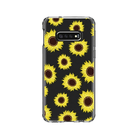 DistinctInk Clear Shockproof Hybrid Case for Samsung Galaxy S10e (5.8" Screen) - TPU Bumper, Acrylic Back, Tempered Glass Screen Protector - Yellow Sunflowers